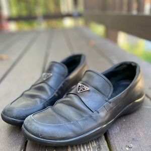 Prada black leather logo loafers